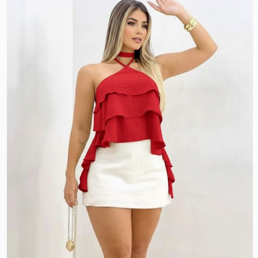 Cropped Bata Blusa Soltinha com Babado em Camadas - Estilo Boho / Ciganinha em Oferta na Shopee