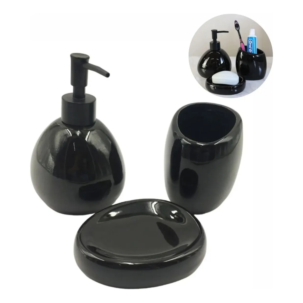 Kit Banheiro Lavabo Cerâmica Acessórios Preto 3 Peças em Oferta na Shopee