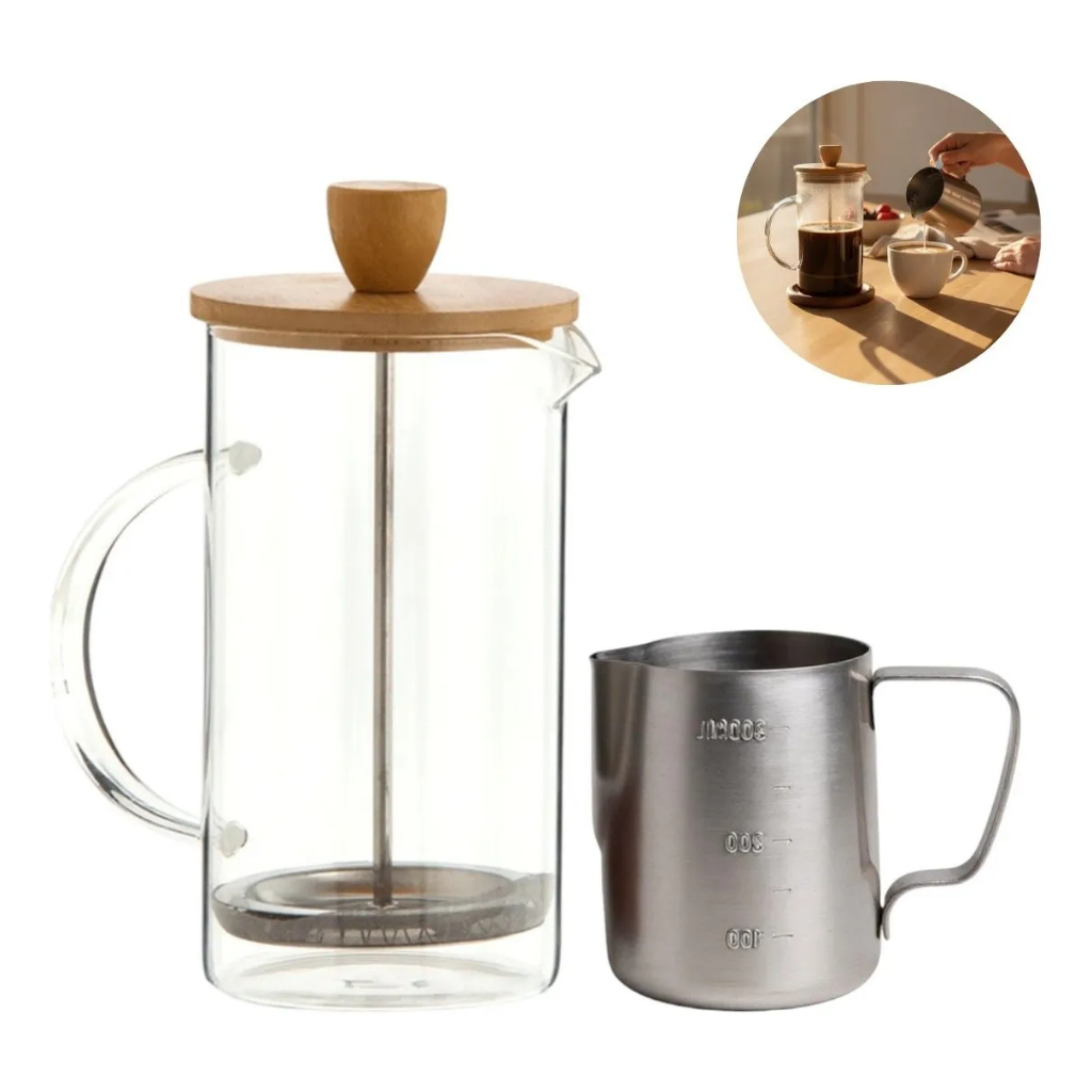Cafeteira Prensa Francesa Vidro 350ml + Leiteira Inox 350ml Kit