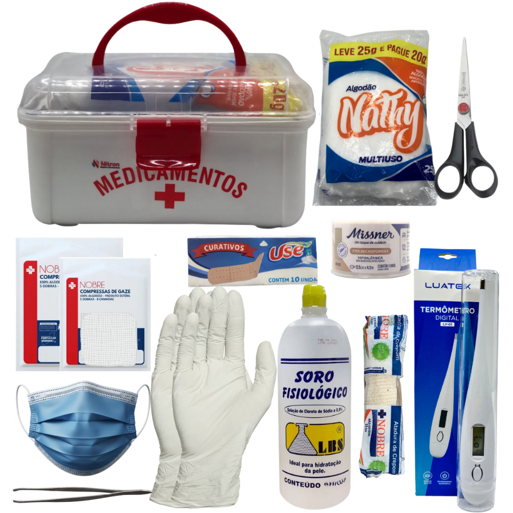 Kit Básico de Primeiros Socorros Portátil com 13 Itens  Maleta 19x16x10cm
