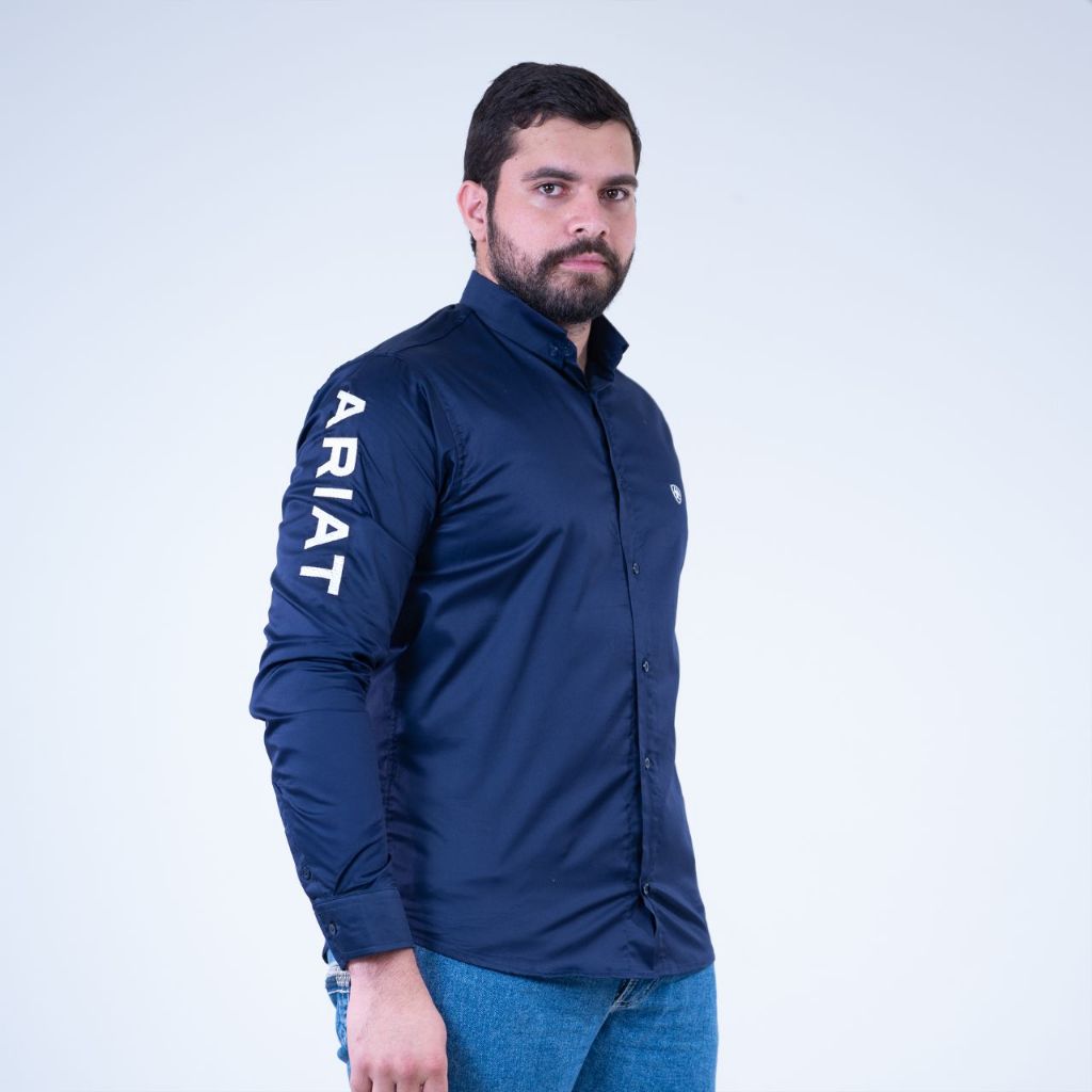 Camisa Ariat Masculina Slim Azul Bordada Western Country Premium Manga Longa em Oferta na Shopee