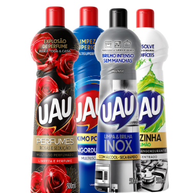 Pack 4un Multiuso 500ml UAU Desengordurante, Limão, Rosas e Inox