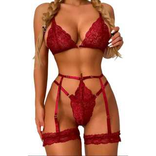 Conjunto Lingerie Sexy Feminina – Renda | Sutiã + Calcinha + Cinto de Liga em Oferta na Shopee