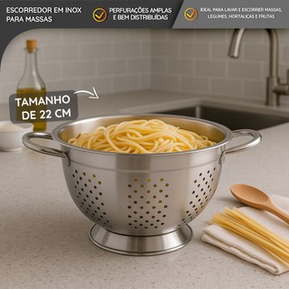 Escorredor de Aço Inox para Massas, Frutas e Legumes com Alças Laterais – Base Alta e Furos