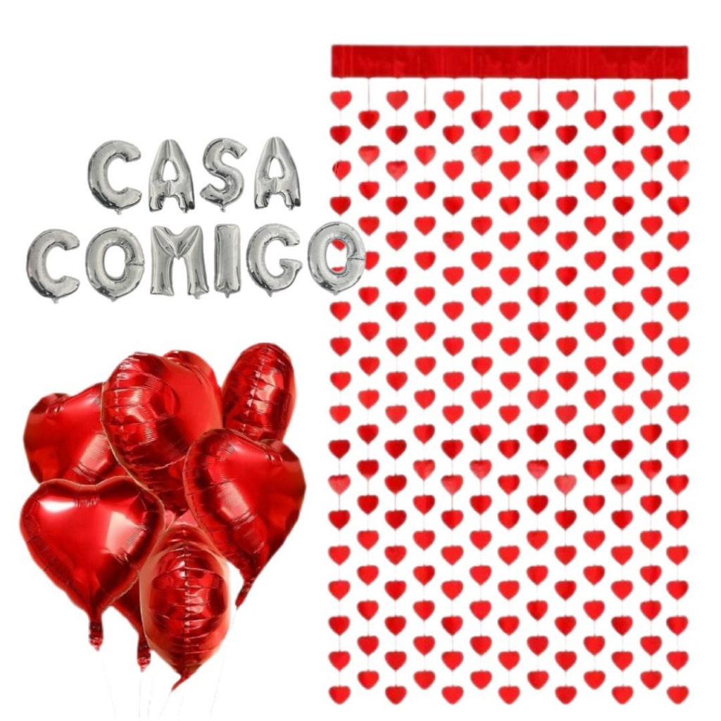 Kit Casa Comigo Prata Balão Metalizado + 1 Cortina de Coração Vermelha + 4 coração G e 4 Coração P