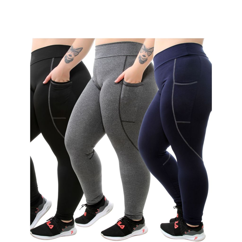 KIT 3 Calças Legging Com Bolso Plus Size academia 10647