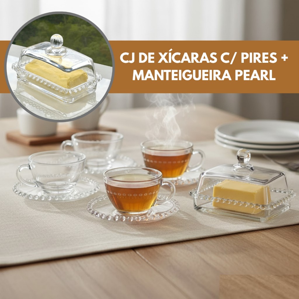 JOGO 4 A 6 XÍCARAS PEARL BOLINHAS CRISTAL LAPIDADO + MANTEIGUEIRA, TRAVESSA E AÇUCAREIRO WOLFF