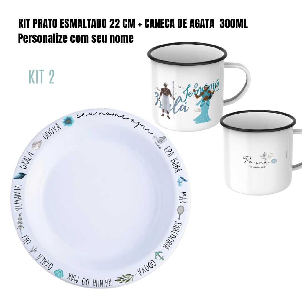 🪶 KIT CANECA DE ÁGATA + PRATO PERSONALIZADO DE IEMANJA E OXALA | UMBANDA • CANDOMBLÉ • RELIGIÃO AFRO-BRASILEIRA