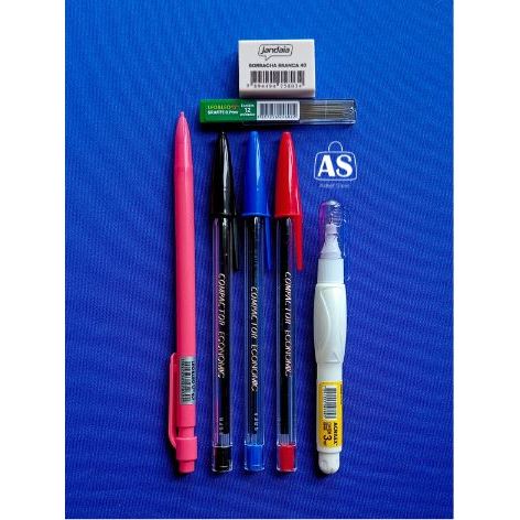 Kit Escrita Estudos 3 Canetas Esferográficas 1.0mm Lapiseira Grafite 0.7mm Borracha Caneta Corretiva