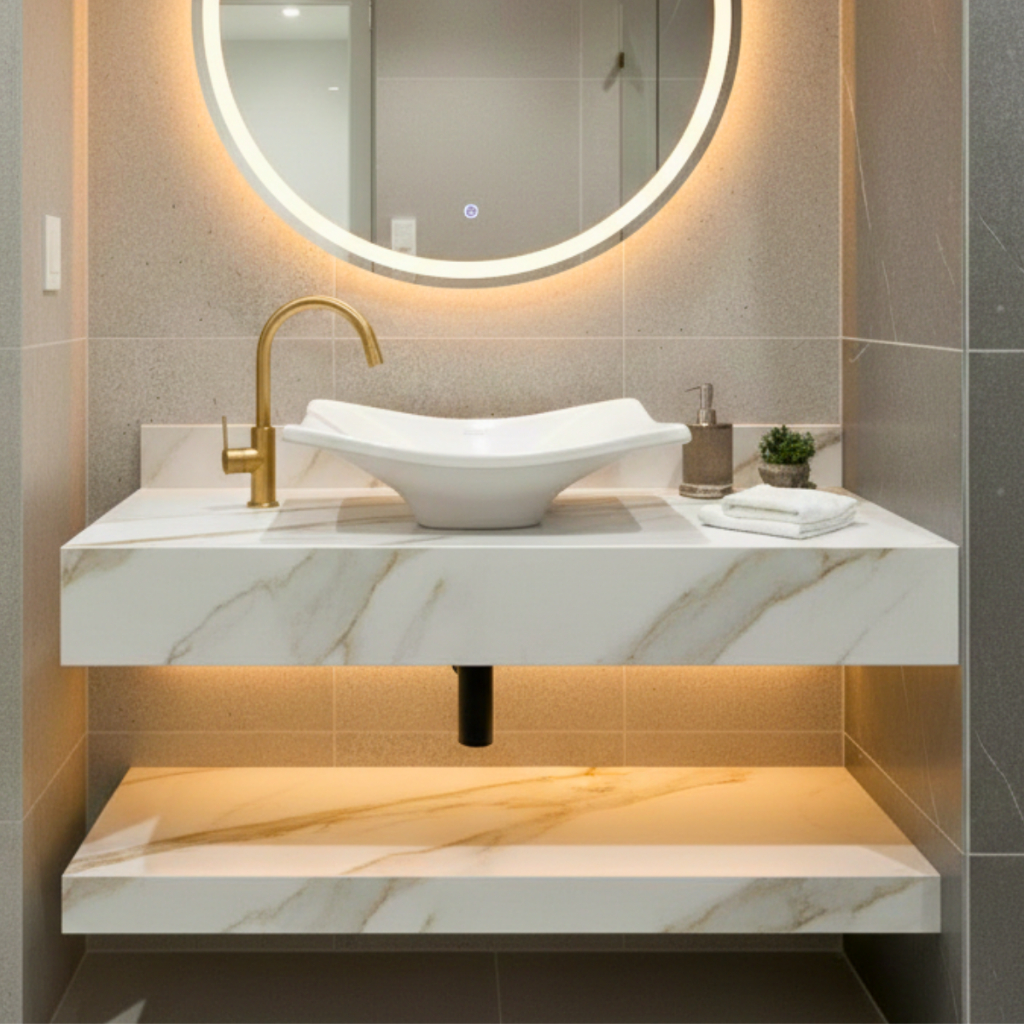 Kit Bancada 60x45 c/ Cuba e Prateleira p/ Banheiro Moderno 100% Porcelanato Envio Rápido Mega Promoção