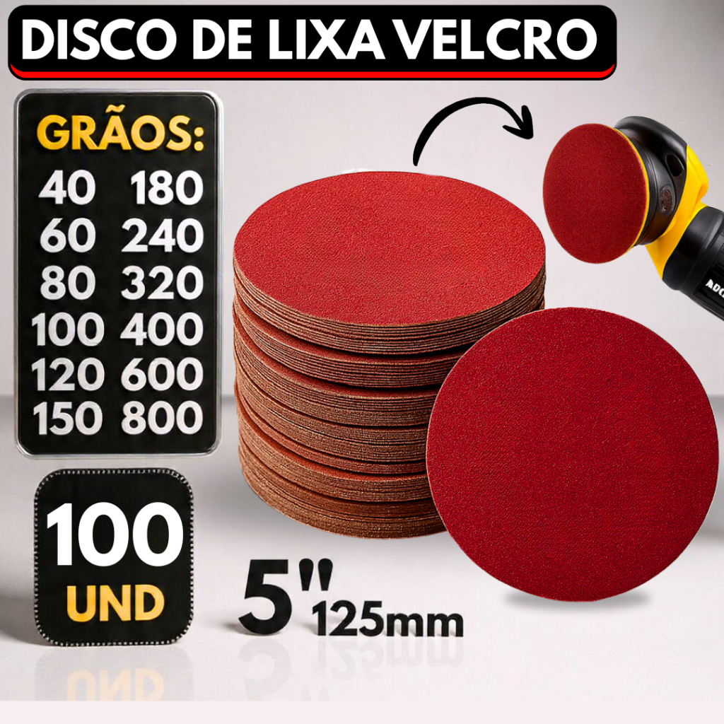 Kit 100 Disco Lixa Velcro Sem Furos Roto Orbital Lixadeira para Metal, Ferro, Massa e Madeira 125mm