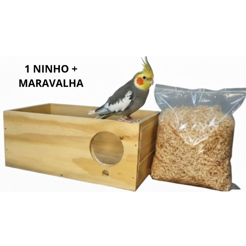 Kit Ninho de Calopsita em Madeira 30x15x12 + MARAVALHA pó de serragem – Durável e Confortável para Aves