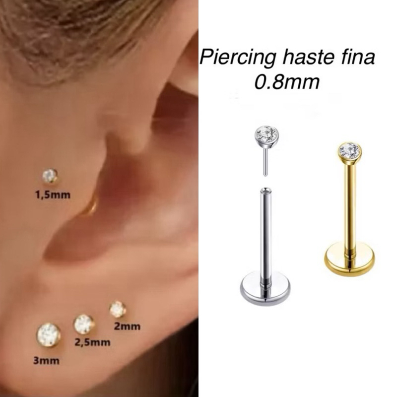 Piercing Labret ponto de luz Australiano aço cirúrgico 316L Haste Fina Push In plug - 1 peça