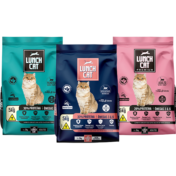 RAÇÃO LUNCH CAT PREMIUM PARA GATOS ADULTOS SABOR FRANGO E SALMÃO 28% PROTEÍNAS - 5KG