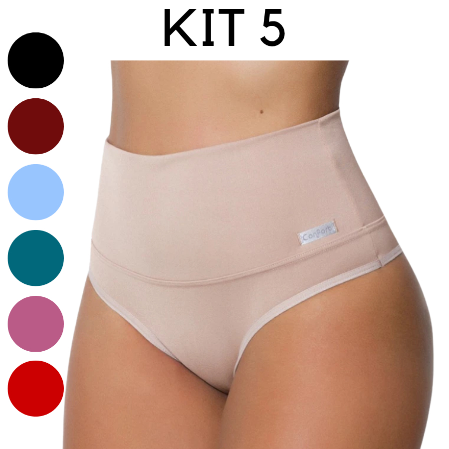 Kit 5 Cinta Cintura Alta Pala Dupla Calcinha Fernanda Dia a Dia Confort