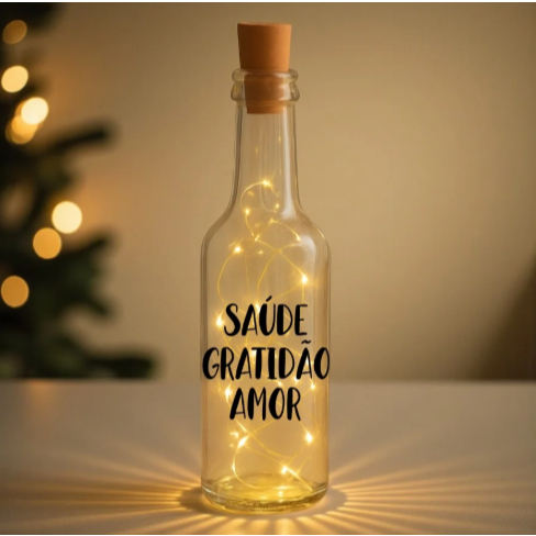 Garrafa Long Neck de Vidro com Rolha Led - Saúde Gratidão Amor Mod2 - 01 Unidade - Rizzo
