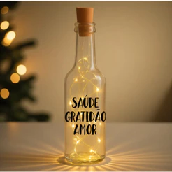 Garrafa Long Neck de Vidro com Rolha Led - Saúde Gratidão Amor Mod2 - 01 Unidade - Rizzo