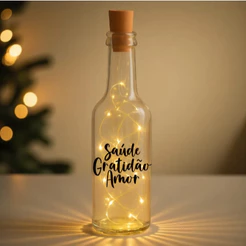 Garrafa Long Neck de Vidro com Rolha e Led - Saúde Gratidão Amor Mod1 - 01 Unidade - Rizzo