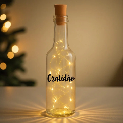 Garrafa Long Neck de Vidro com Rolha LED - Gratidão - 01 unidade - Rizzo Distribuidora