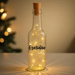 Garrafa Long Neck de Vidro com Rolha LED - Gratidão - 01 unidade - Rizzo Distribuidora