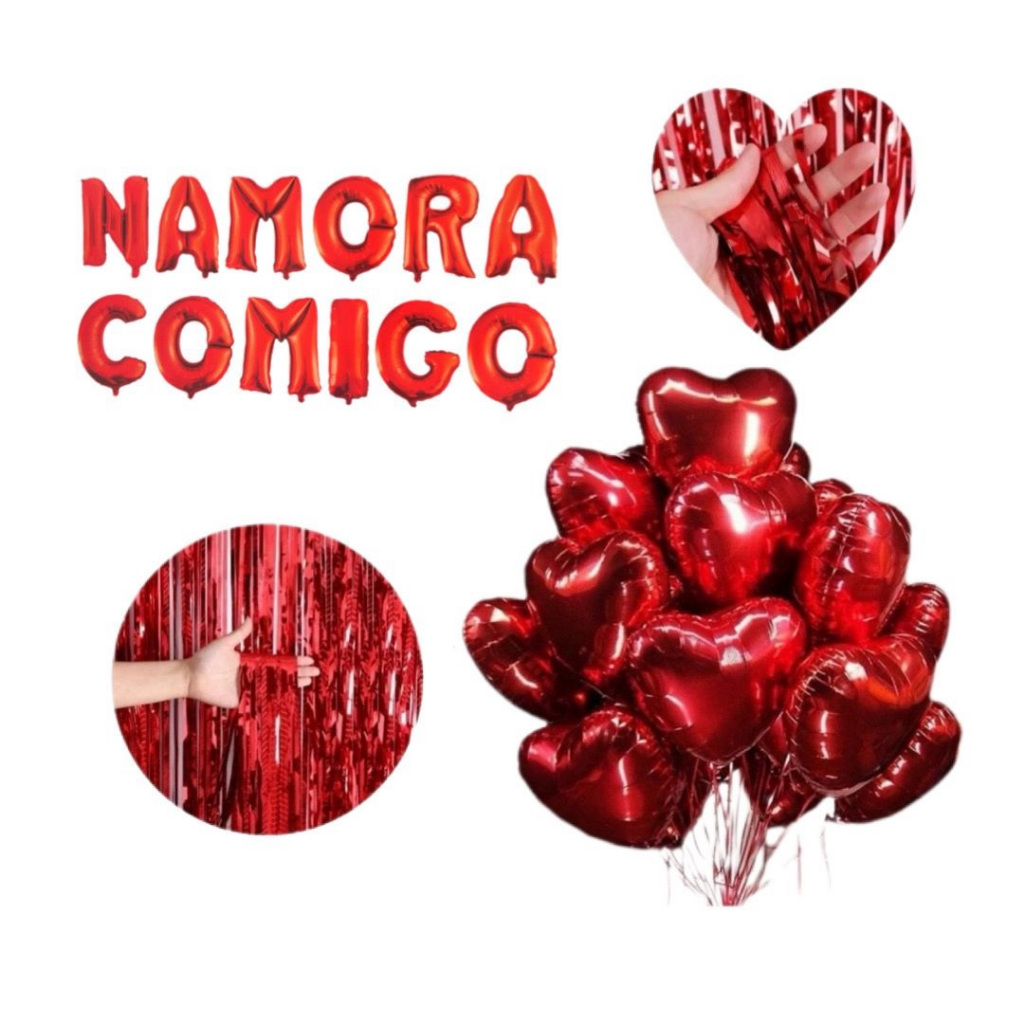 Kit Namora Comigo Balão Metalizado + 1 Cortina de Fitilho Vermelha + 4 coração G e 4 Coração P