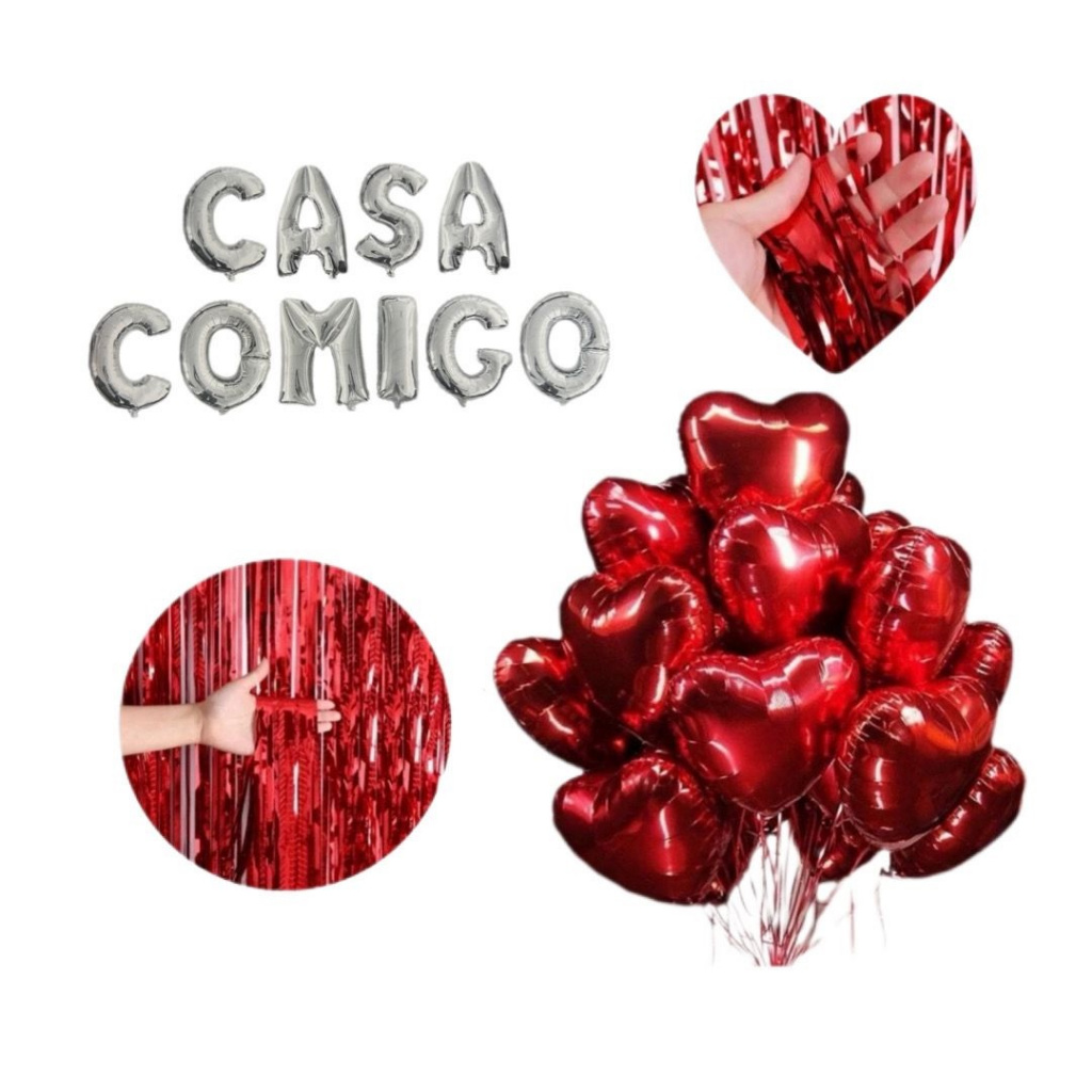 Kit Casa Comigo Prata Balão Metalizado + 1 Cortina de Fitilho Vermelha + 4 coração G e 4 Coração P