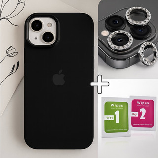 Capinha Silicone + Kit Lente Película De Câmera Diamante Para iphone11 12 13 14 15 16 17 pro max