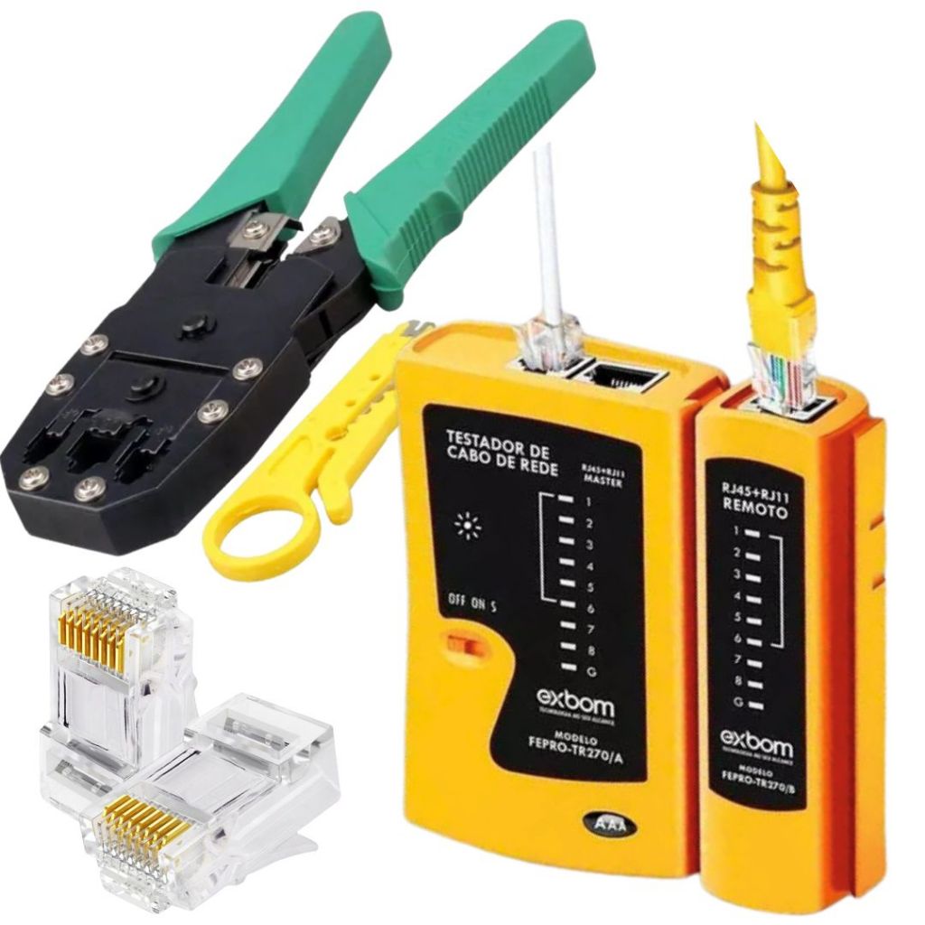 Alicate Crimpar RJ45 / RJ11 + Testador De Cabos De Rede Rj45 / RJ11+ Conectores RJ45 em Oferta na Shopee