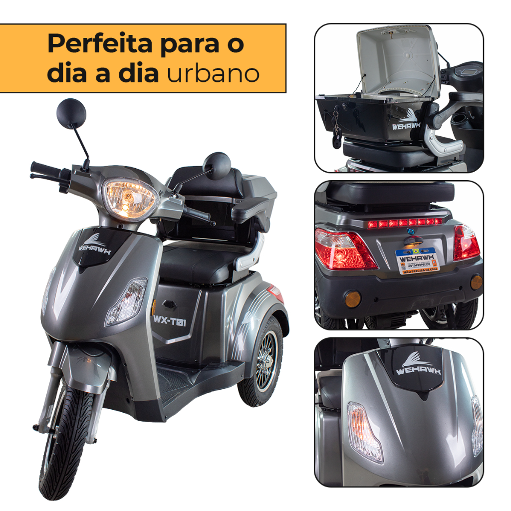 Triciclo Elétrico WeHawk 800W WX-T01  Autonomia até 50km, Painel Digital e Marcha Ré