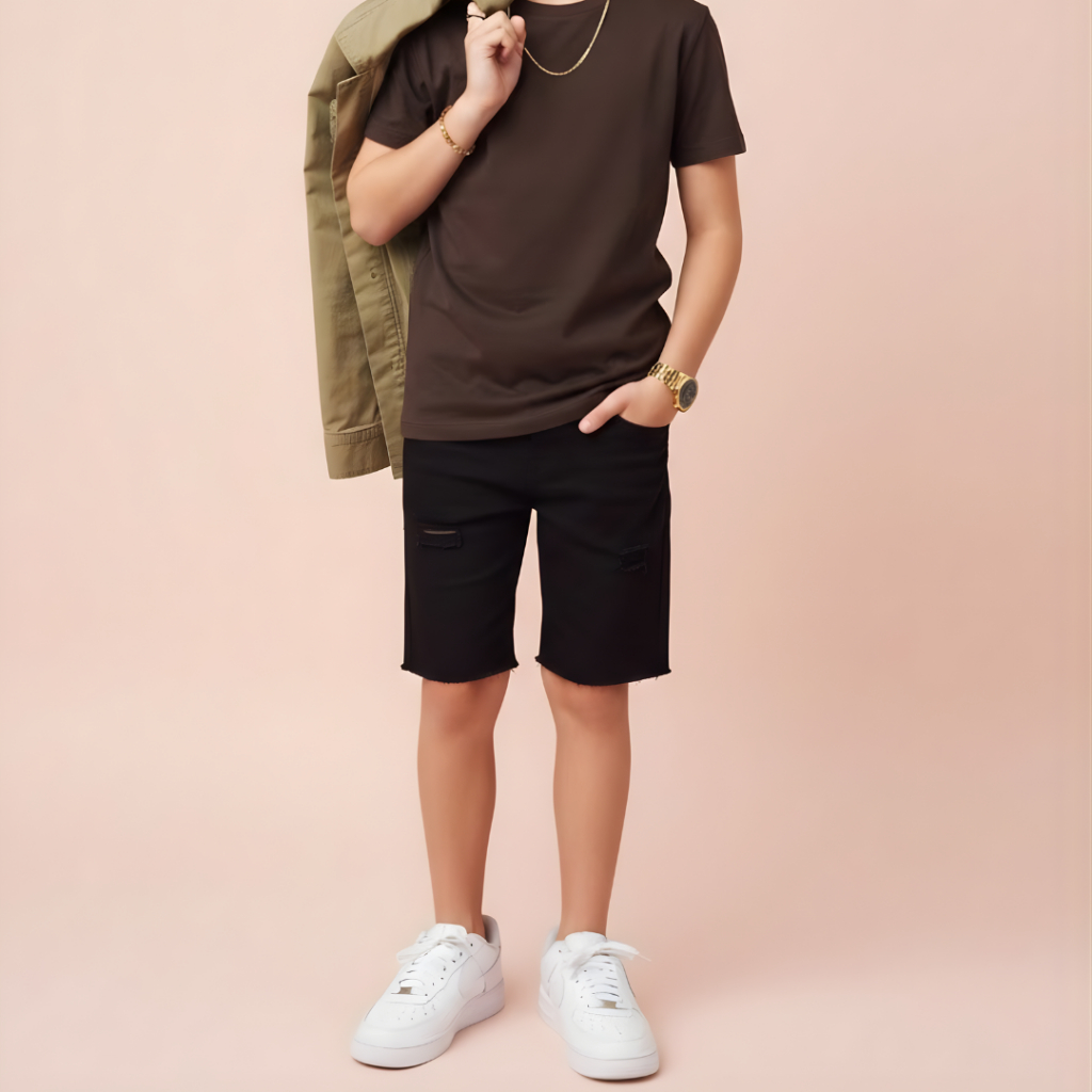 Bermuda Infantil Shorts Masculino Jeans Rasgado e Elastano da moda tendencia infantil 2025 PROMOCÃO