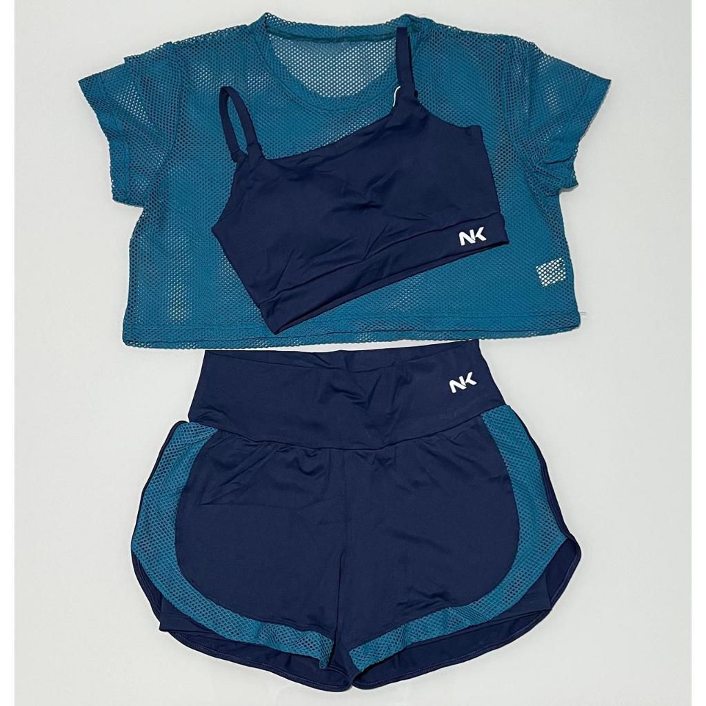 Conjunto de Short Duplo Fitness Feminino 3 Peças Academia Beach Tennis Corrida