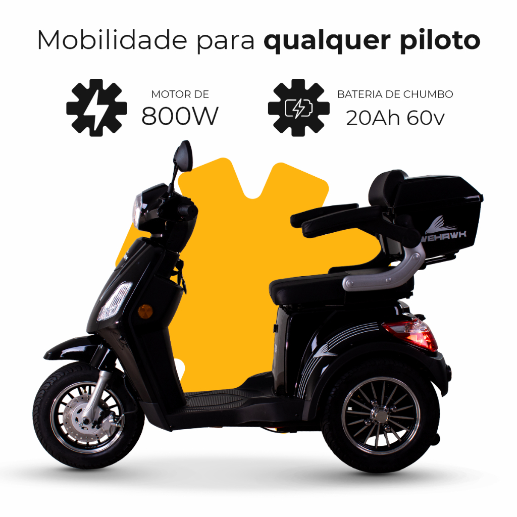 Triciclo Elétrico 800W Wehawk WX-T01 Bateria Chumbo Autonomia até 50km Autopropelido com Ré