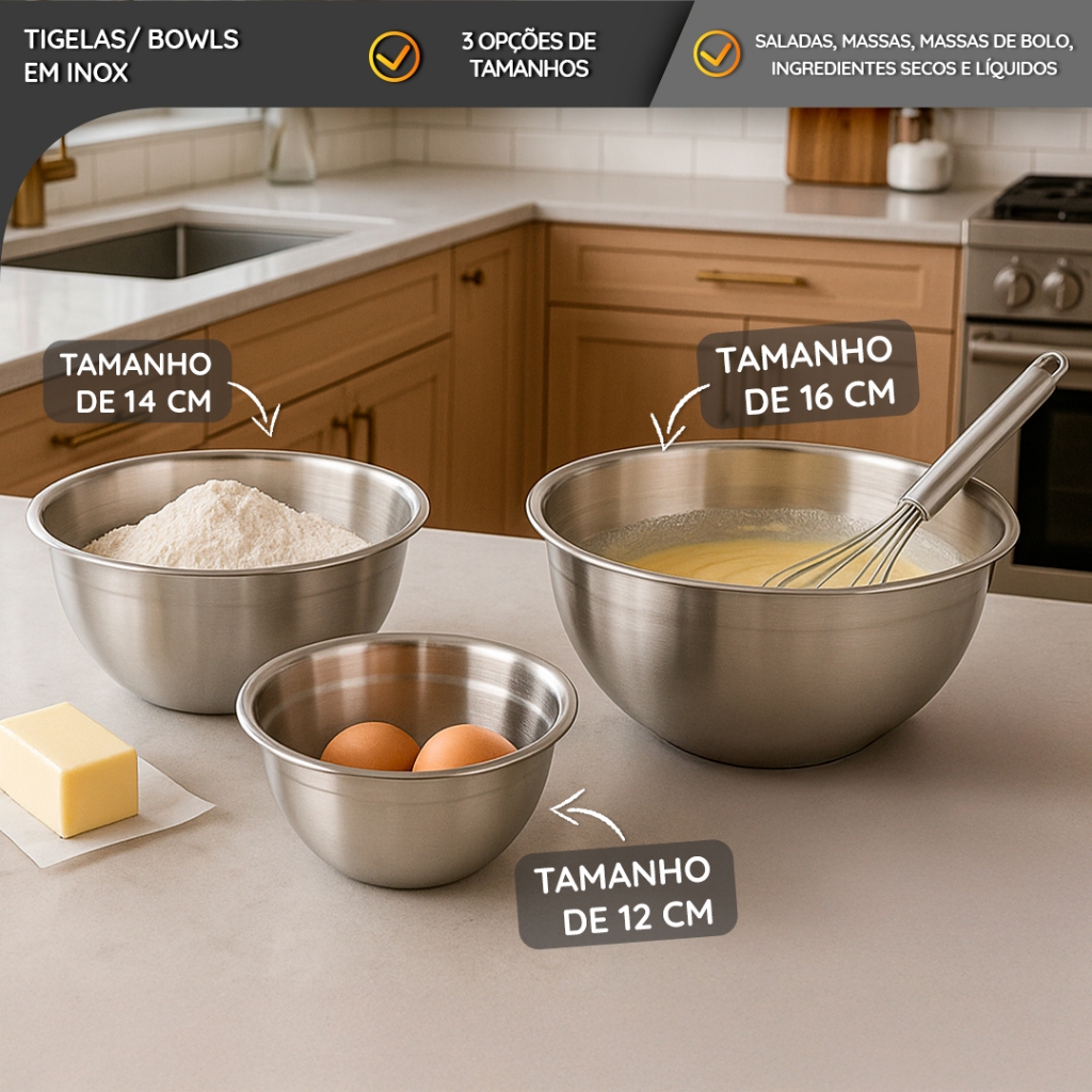 Bowls de Aço Inox com Marcação 12/14/16 cm Profissional e Uso Doméstico 3 Tamanhos Alta Durabilidade
