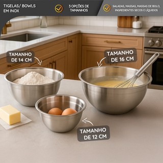Bowls de Aço Inox com Marcação 12/14/16 cm Profissional e Uso Doméstico 3 Tamanhos Alta Durabilidade