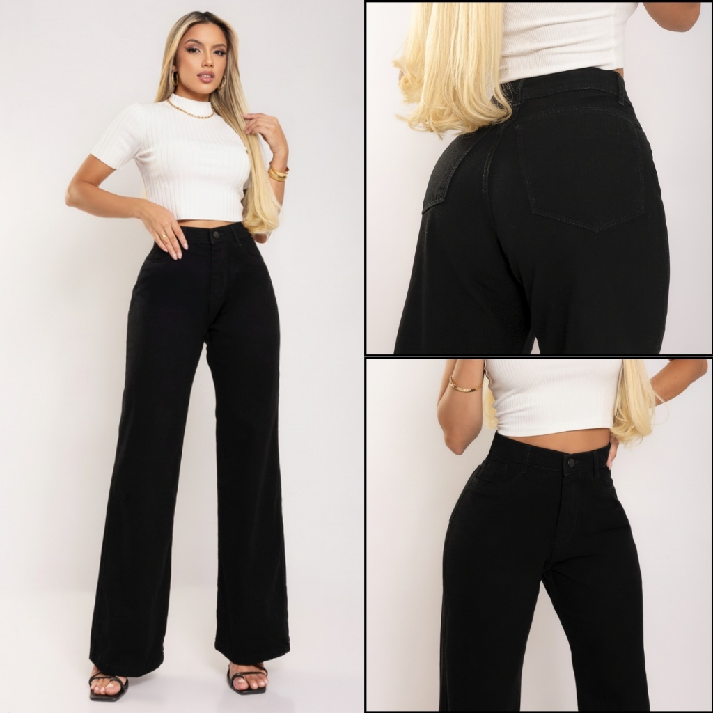 Calça Wide Leg Feminina Jeans Preta Pantalona Afina Cintura Levanta Bumbum Casual Boca Larga Premium