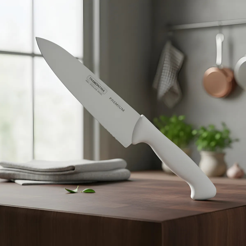 Faca Chef Tramontina Premium Lâmina Aço Inox Cabo Polipropileno Branco 8" em Oferta na Shopee