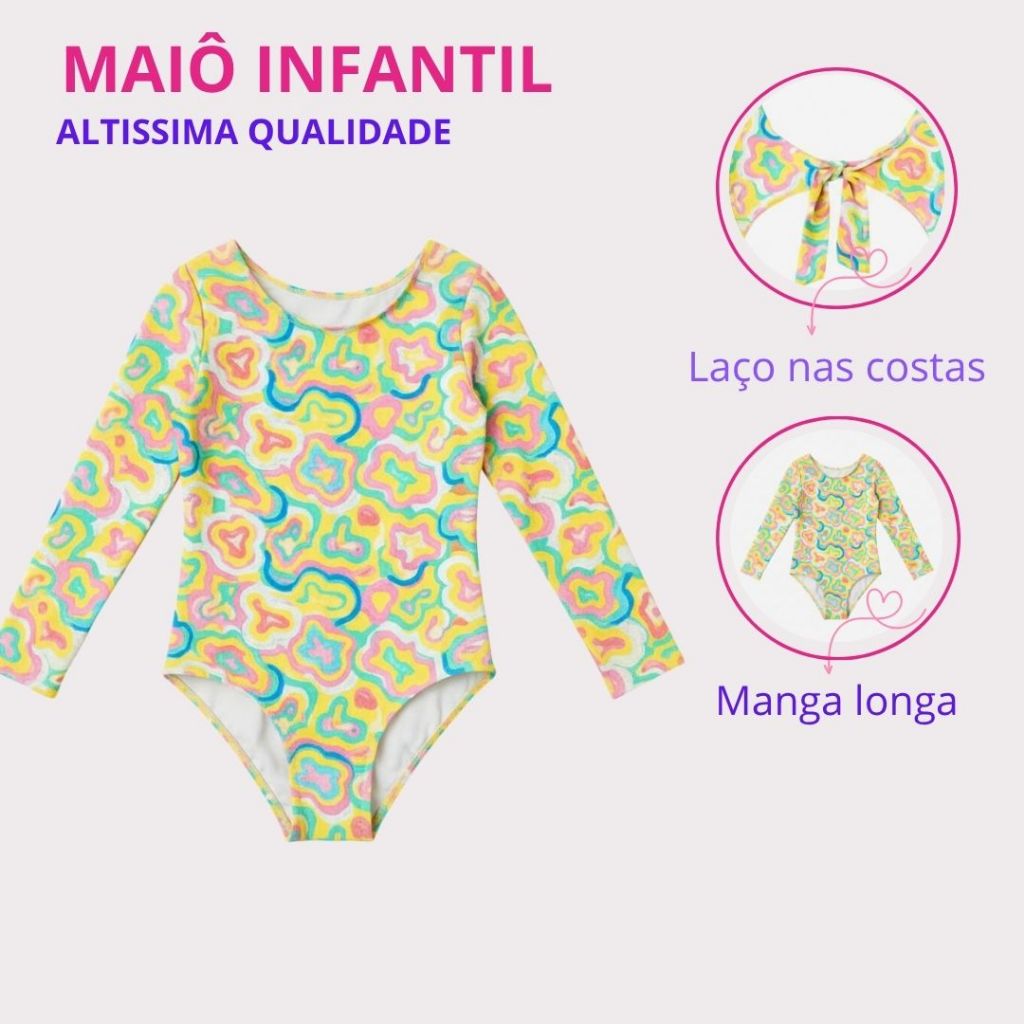 Maiô Body Infantil Menina Praia Estampado Confortável Lycra Suave REF: ISIS Tam 4 a 12 Juvenil Manga Longa