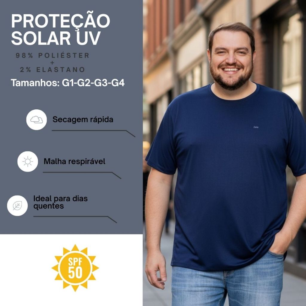 Camiseta Plus Size Masculina Proteção Solar Poliéster DryFit Academia Corrida Esporte Confortável