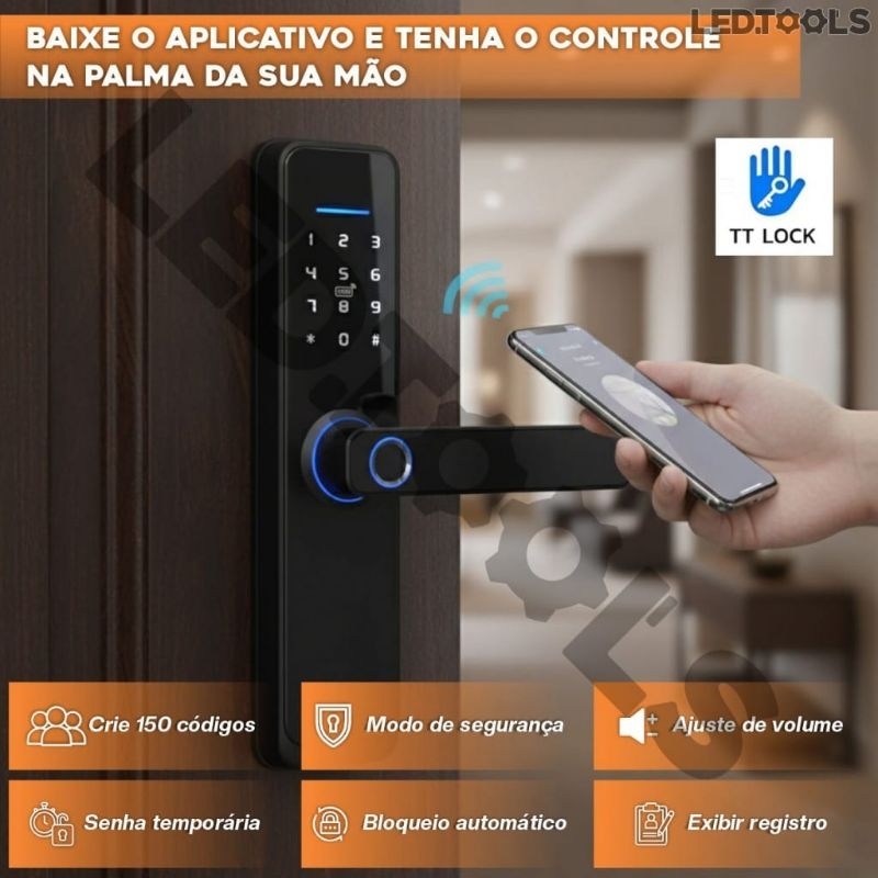 fechadura eletronica digital 5 em 1 com biometria, Bluetooth, senha touch, chave e tag