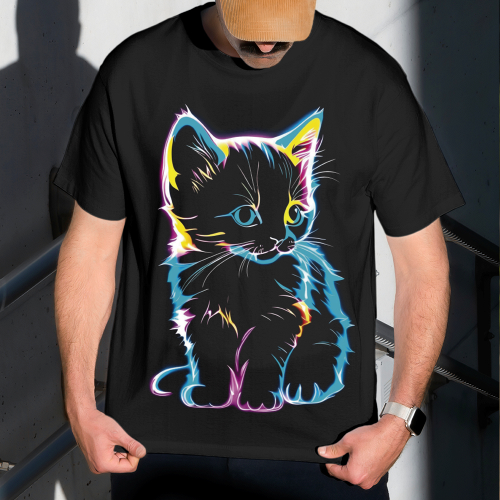 Camiseta Masculina Estampa Gato Neon 100% Algodão Estilo Conforto Diário Do Tamanho P ao GG