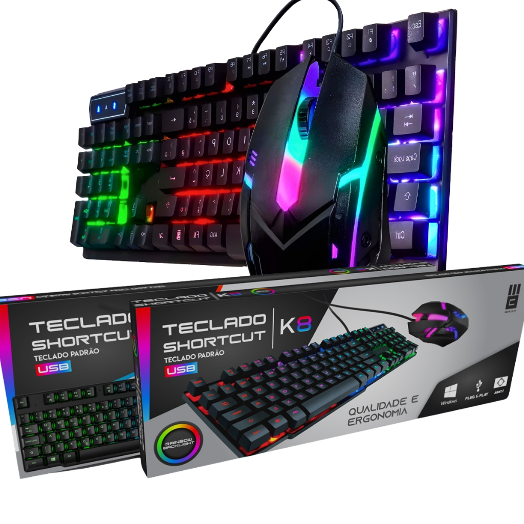 Kit Teclado Multimídia de Membrana e Mouse Gamer RGB Rainbow K8 USB MB Tech