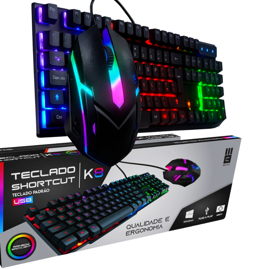 Teclado Membrana Multimídia com Mouse Gamer RGB Rainbow K8 USB Conjunto MB Tech