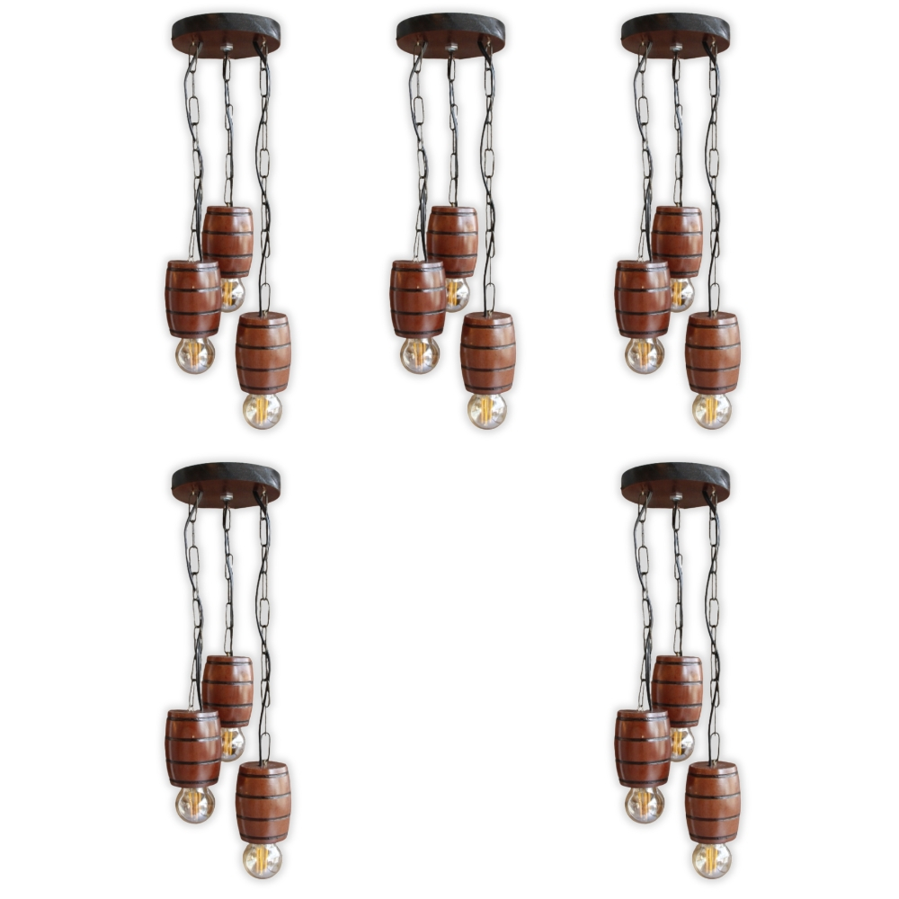 Kit 5 Luminária Pendente Lustre Rústico Vintage Colonial em Madeira Maciça Modelo Barril - Mogno