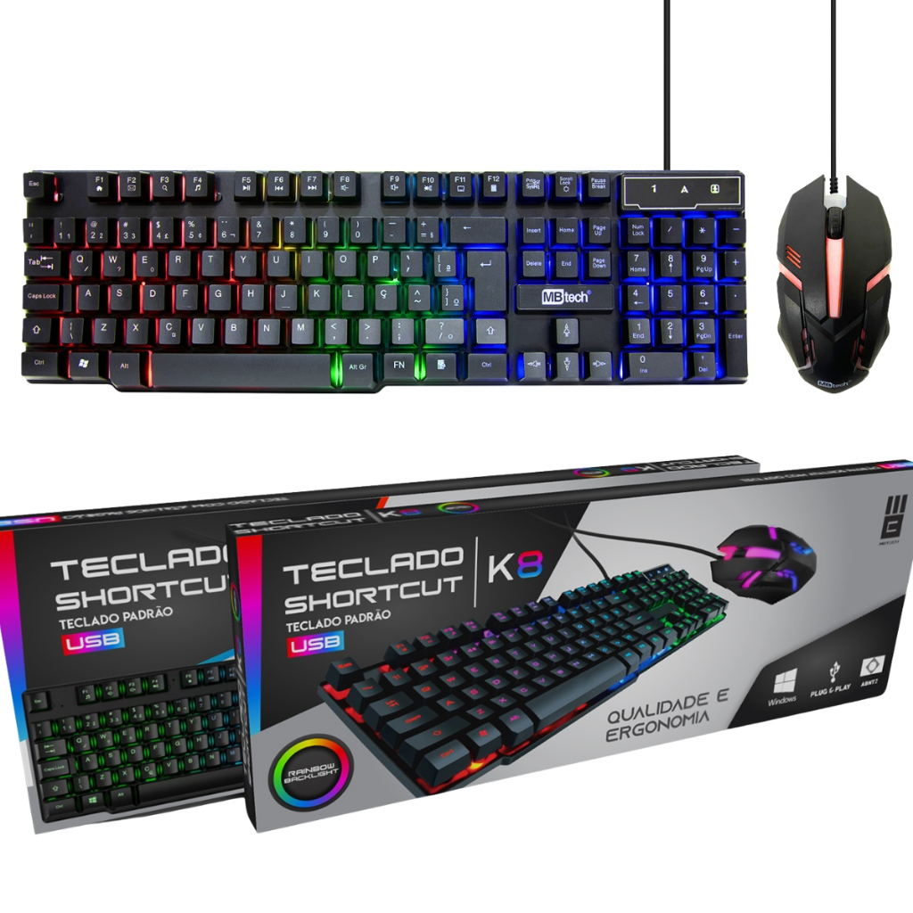 Combo Gamer MB Tech Teclado Membrana Multimídia e Mouse RGB Rainbow K8 USB