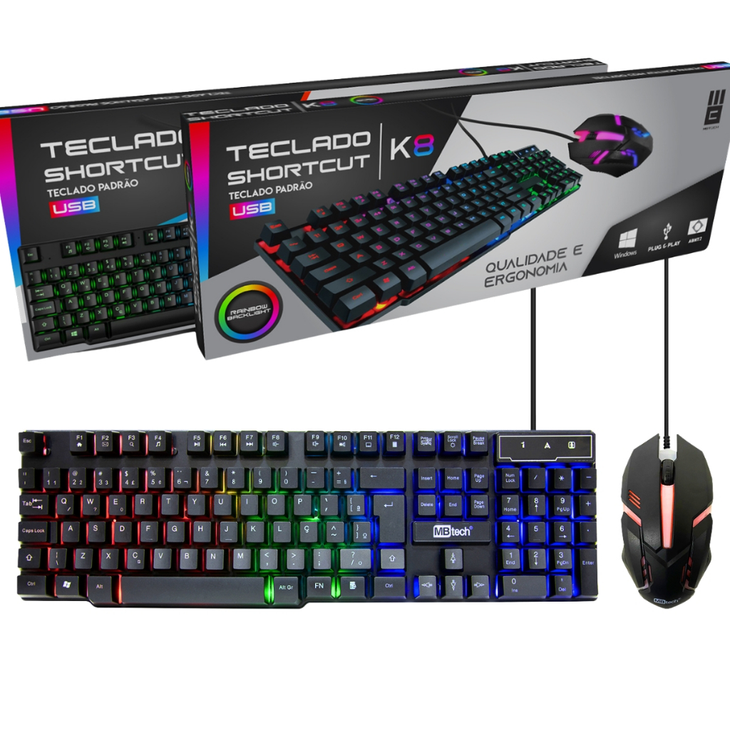 Kit Gamer RGB Rainbow K8 MB Tech Teclado de Membrana Multimídia com Mouse USB