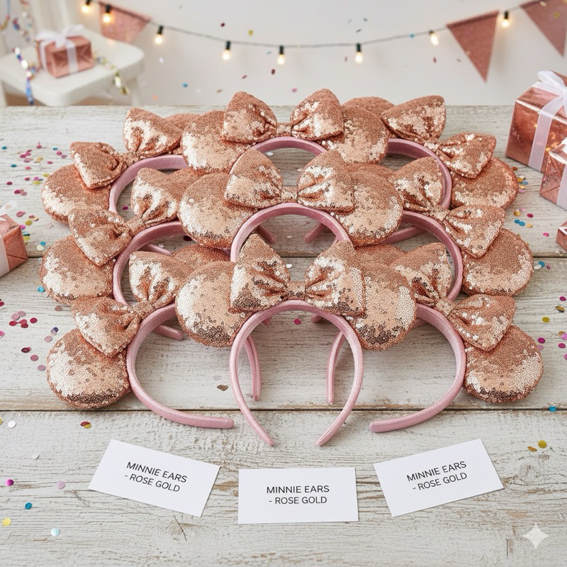 Kit 10 Tiaras Minnie Orelha Luxo Paetê Rose Gold Atacado Lembrancinha Festa Disney
