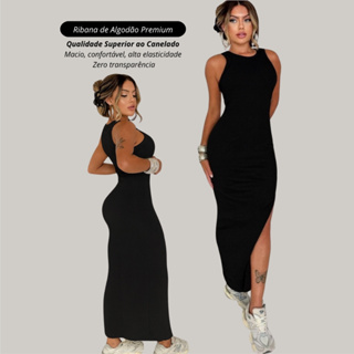 vestido longo com fenda lateral canelado tubinho justo casual em Oferta na Shopee