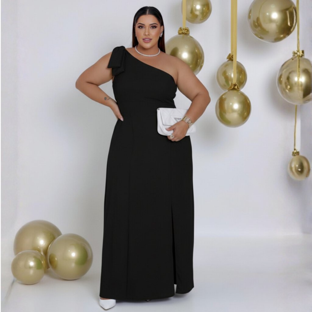Vestido longo plus size com ombro único ombro só festa moderno luxo
