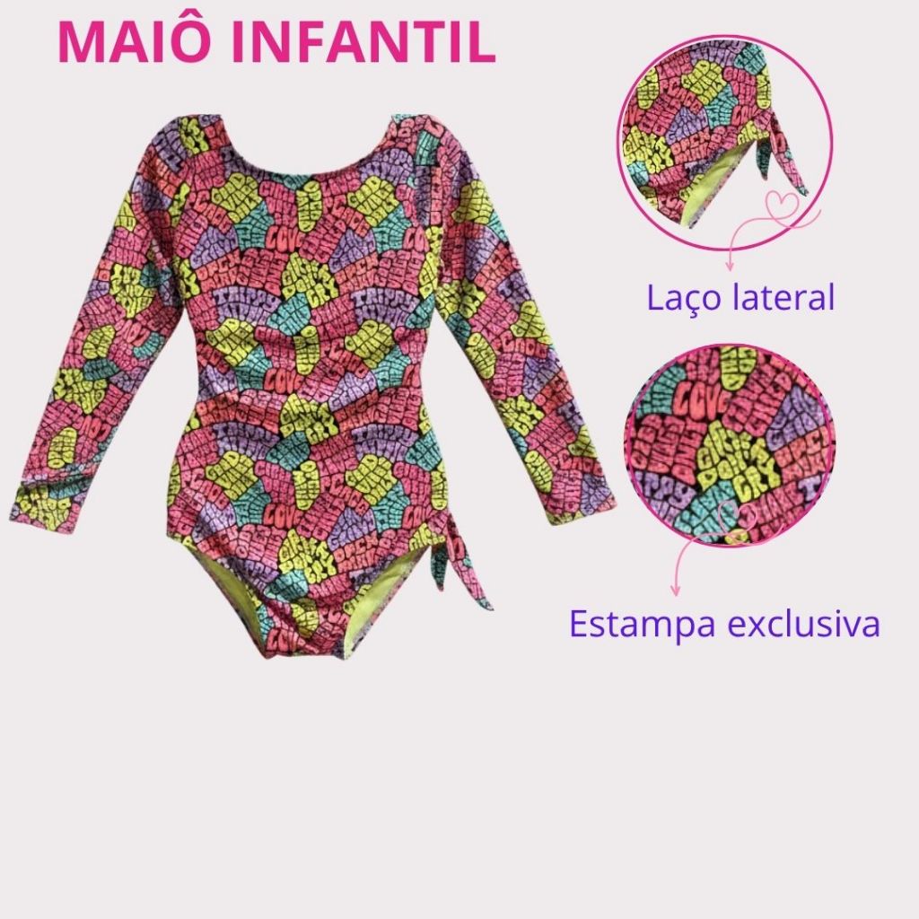 Maiô Body Infantil Menina Praia Estampado Proteção UV50+ Confortável Lycra Suave ISIS Tam 4 a 12 Juvenil Manga Longa