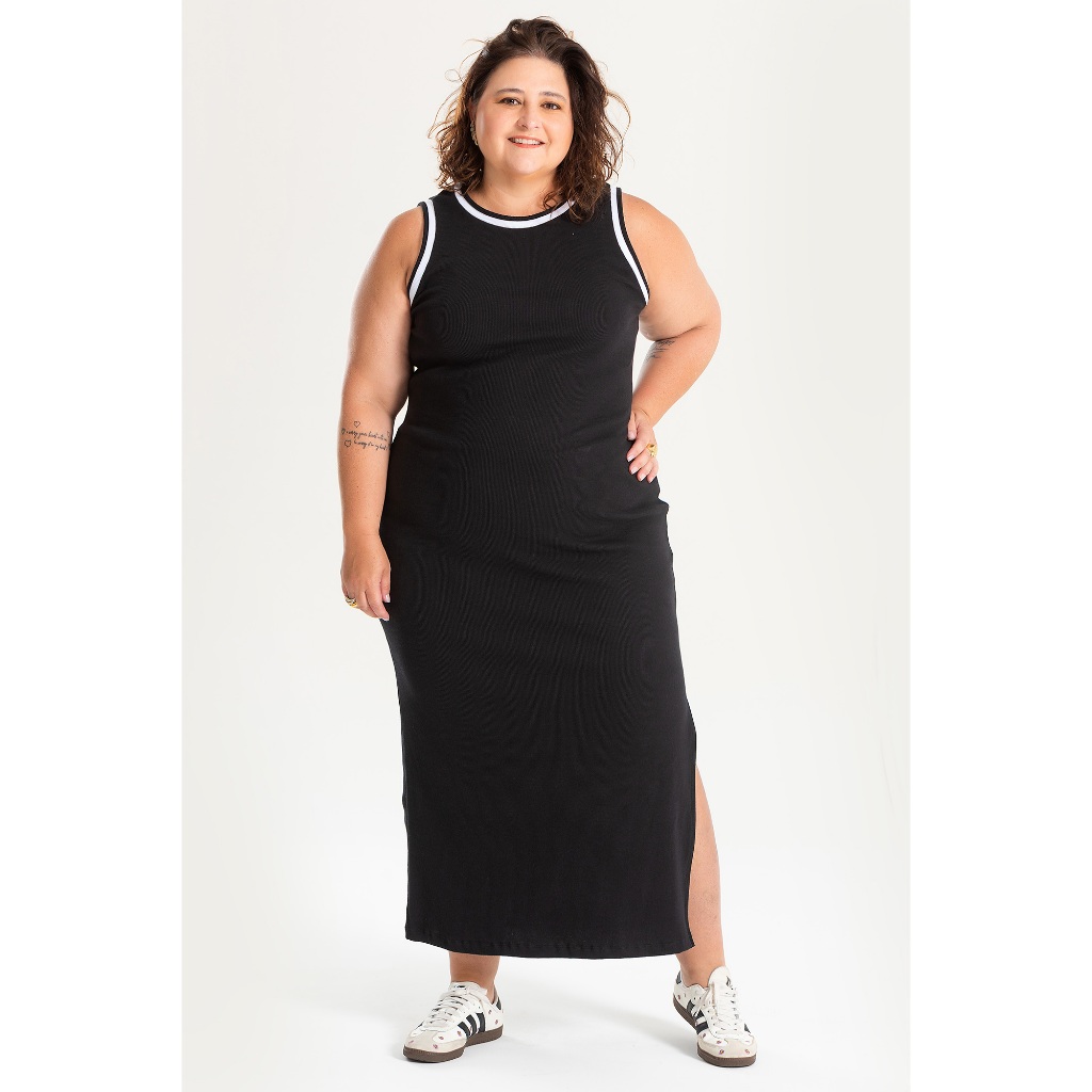 Vestido Feminino Plus Size em Ribana Canelado Preto e Nude Grande Confortável Casual sem manga em Oferta na Shopee